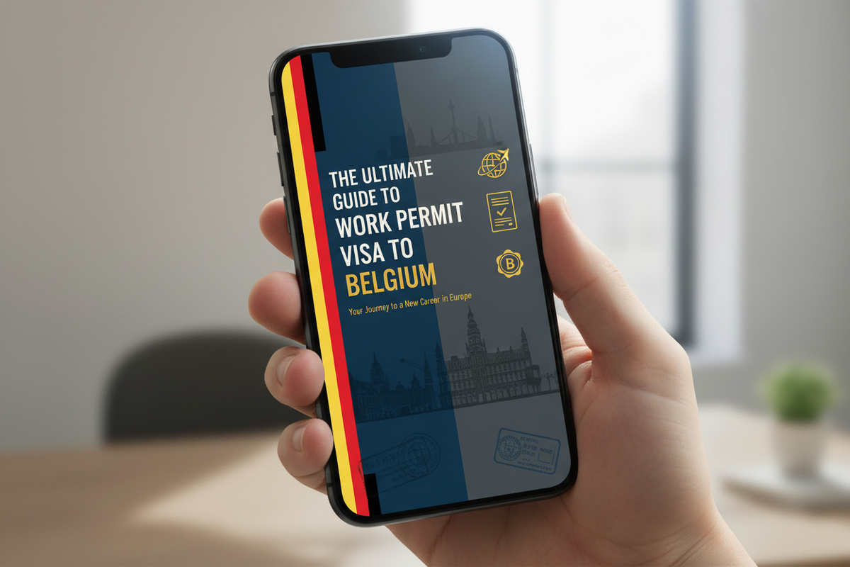 Mockup of a smartphone that shows the ebook of the ultimate guide to a work permit visum to Belgium